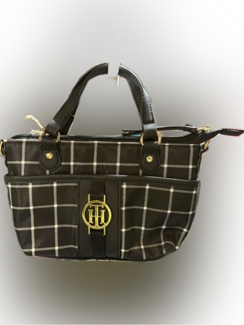 P011-Tommy Hilfiger Black Plaid Logo tote with gold emblem